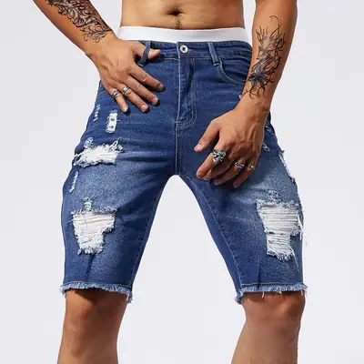 Men 5 Point Ripped Denim Shorts Light Wash Black