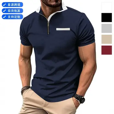 Men's Navy Polo Shirt with Zipper Pocket 2024 Summer