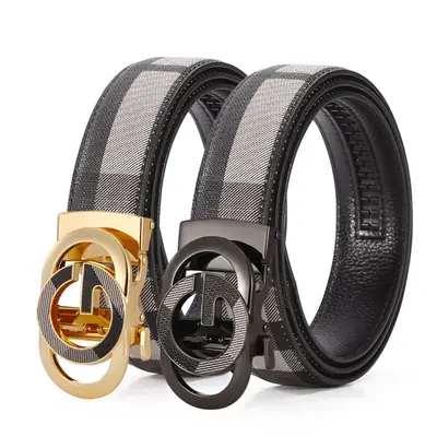 Men's Black Plaid Leather Belt with Silver Buckle
