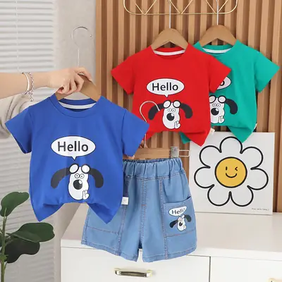 Boys Cartoon T-Shirt Shorts Set Blue Green Medium Small