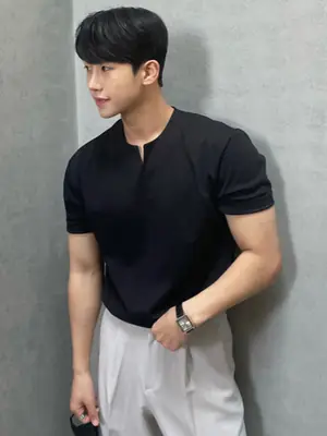 Men's Black Half Zip Polo Shirt Loose Fit Summer Wear