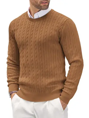 Men Blue Twisted Knit Long Sleeve Sweater