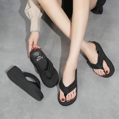 Women's Black Herringbone Flip Flops Summer Non-Slip
