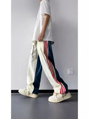 Men Summer Striped Loose Pants White Navy
