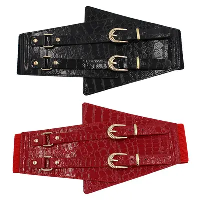 Red Stone Pattern Double Pin Buckle Wide Waist Belt