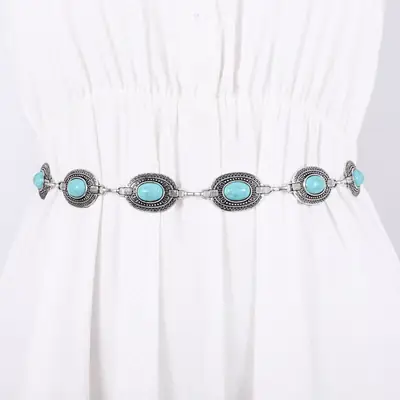 Vintage Silver Metal Waist Chain with Turquoise Stones