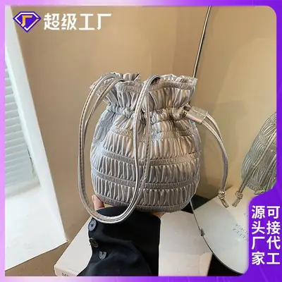 Silver Drawstring Bucket Bag for Women