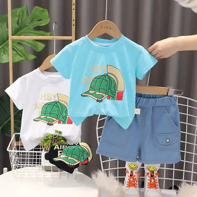 Children's 2Pc Blue Cartoon T-Shirt Shorts Set Summer Casual