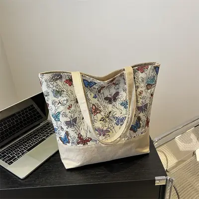 Women Linen Floral Tote Bag 2024 Summer Butterfly Print