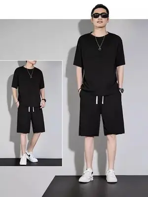 Men Ice Silk Casual Shorts Suit Black Summer