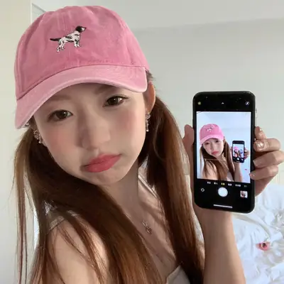 Korean Cute Puppy Embroidered Washed Pink Cap