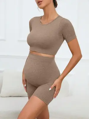 Maternity Sports Suit Peach Butt Shorts Short-Sleeved Seamless Knitted Breathable Quick-Drying Yoga Pants Maternity Yoga Clothes