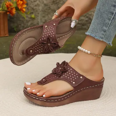 Women's Brown Wedge Heeled Slippers Large Size