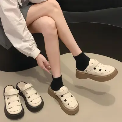 Women's White Platform Sandals with Velcro Closure