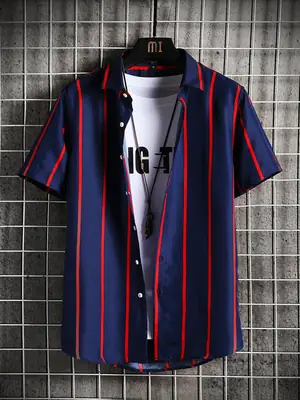 Men Blue Striped Slim Fit Shirt with Red Graphic