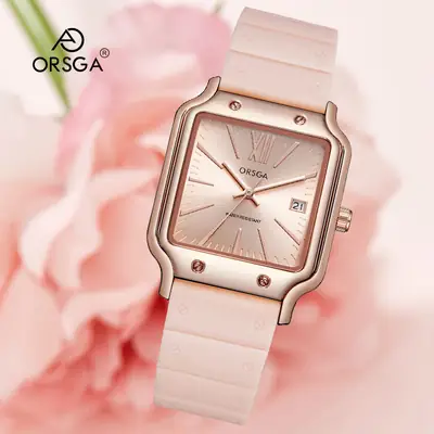 ORSGA Women's Square Watch Brown Silicone Strap Quartz Calendar