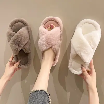 Cross-border foreign trade new home fashion solid color cross Mao Mao slippers women's autumn and winter warm floor open cotton slippers