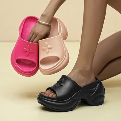 Women Black Thick Heel Slippers Summer 2024