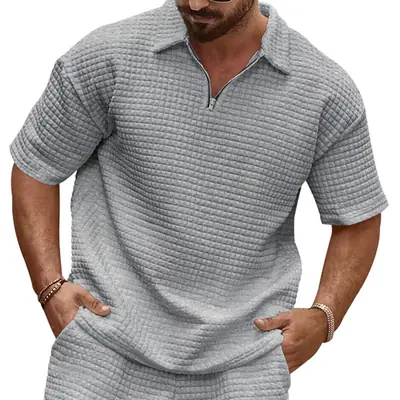 Men's 2025 Summer White Jacquard Polo Shirt Small Square Lapel