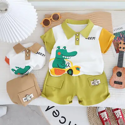 2024 Cartoon Boys T-Shirt Shorts Set Green Yellow