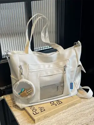 Women's Large Capacity Tan Tote Bag with Transparent Pocket