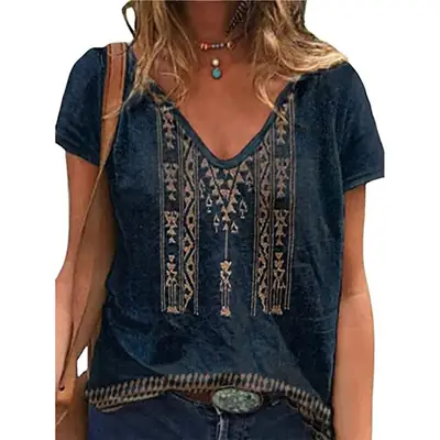 Summer Western Aztec Pattern 3D Printed T-Shirt Women's V-neck Casual T-Shirt Y2k Top Women's Super