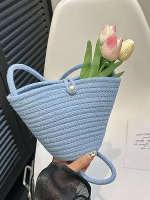 Pink Cat Ear Rattan Shoulder Bag for Women