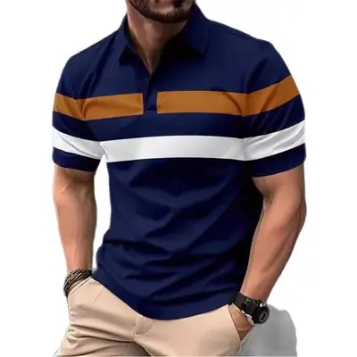 Men's 2025 Polo Shirt Black Striped Collared Short Sleeve