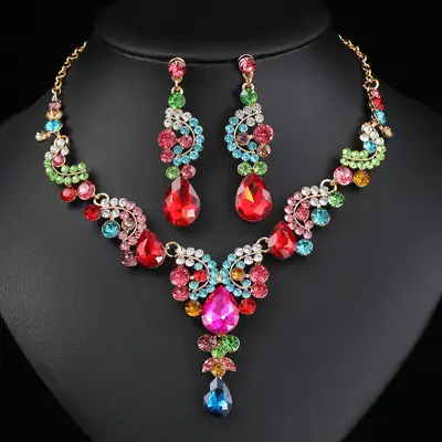 Red Multi-Color Bridal Earrings Necklace Set