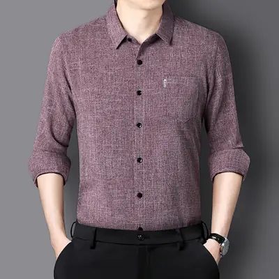 Men Grey Cotton Linen Button Shirt with 3/4 Sleeve