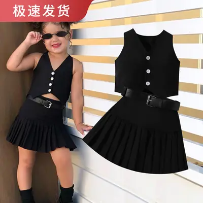 Black Sleeveless Vest Vest with Buckle Belt for Girls