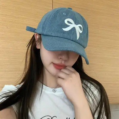 Women Blue Denim Bow Baseball Cap with Cute Design