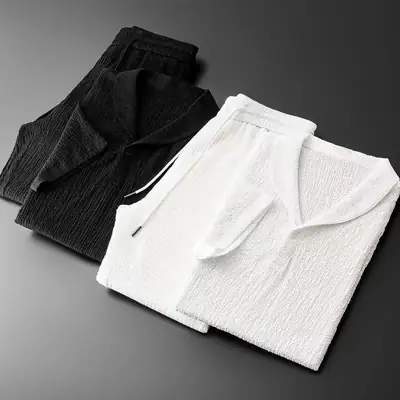 Men's White V-Neck Thin Suit Black Trousers 2024