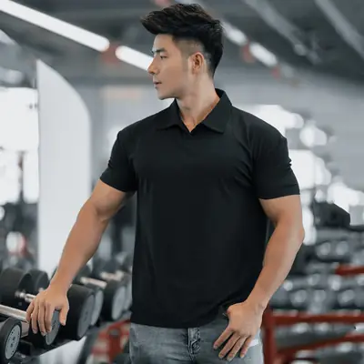 Men Navy Polo T-Shirt Large Button Collar