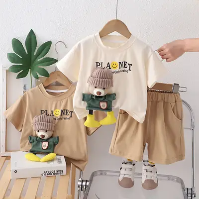 Cotton Boy's Printed T-Shirt Shorts Set Beige Brown