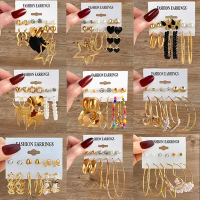 Gold Cross Earrings Set with Star & Butterfly Design