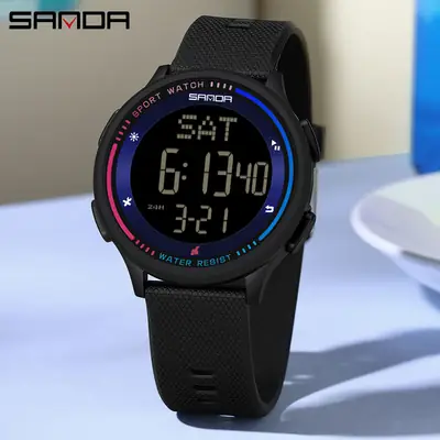 Sanda Digital Alarm Clock with Water Resistant Black Strap