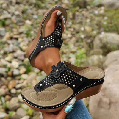 Women's Black Rhinestone Wedge Heel Slippers Large