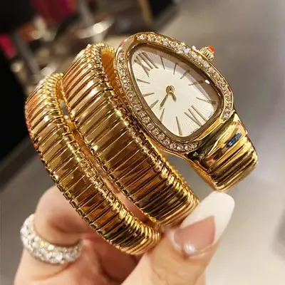 Fashion Creative Snake-shaped Two-turn Steel Strip Steel Strip Watch Ladies Stylish Full Diamond Cross-border Quartz Watch Factory Wholesale