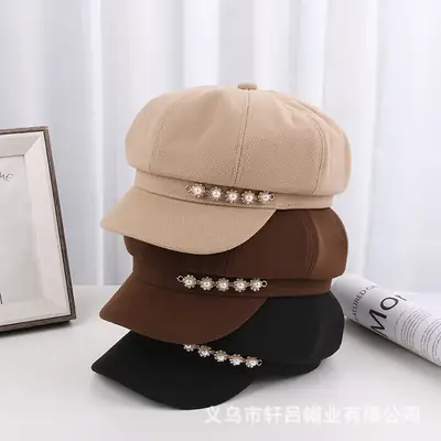 Pearl Rhinestone Chain Cap for Women Spring Korean Style
