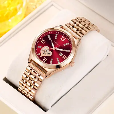 Women's Gold Dial Diamond Studded Calendar Watch with Steel Band