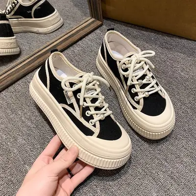 Women's Black Canvas Lace Sneakers with Thick Sole