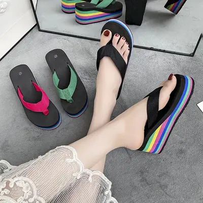 Rainbow Flip Flops Thick Bottom High Heel Sandals Shoes