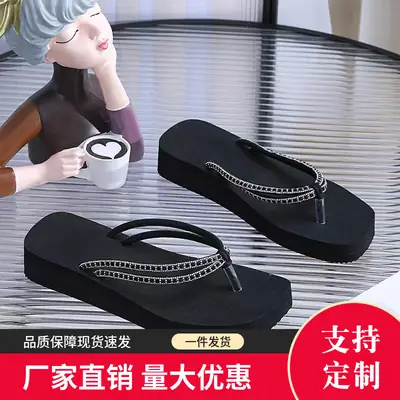 Summer New Women's Thick Bottom Rhinestone Beach Flip Flops Casual Fashion Thick Bottom Platform Non-slip Beach Clip Flip Flops