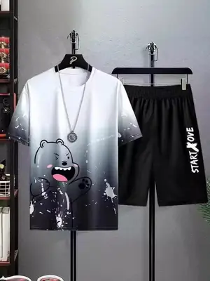 Men Ice Silk Gradient Shorts Set White Black Urban Print
