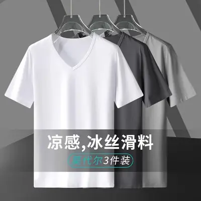 Men Black V-Neck Cotton T-Shirt Short Sleeve 2024