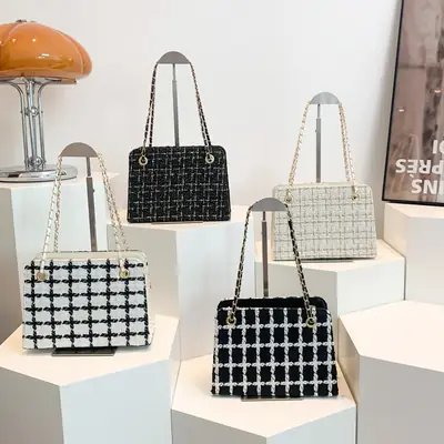 Women Plaid Woolen Shoulder Bag Chain 2024 Spring Summer