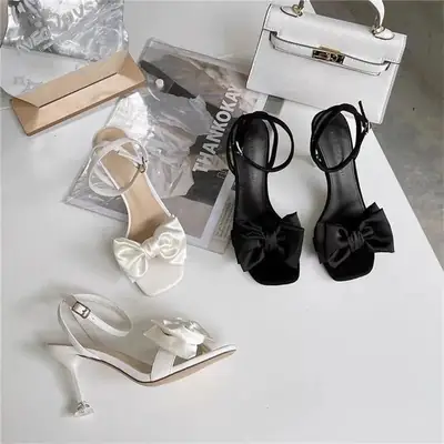 White Bow Square Toe High Heel Sandals for Women