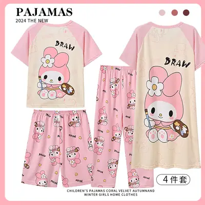 Children's Pajamas Girls Summer Four-piece Short-sleeved Trousers Thin Cartoon Little Girl Princess Middle and Big Children's Home Clothes