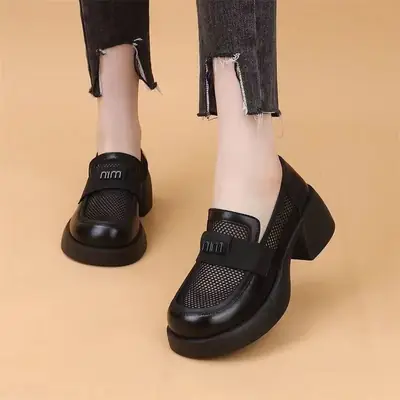 British Style Hollow Loafers Women Black Square Heel Slip-on